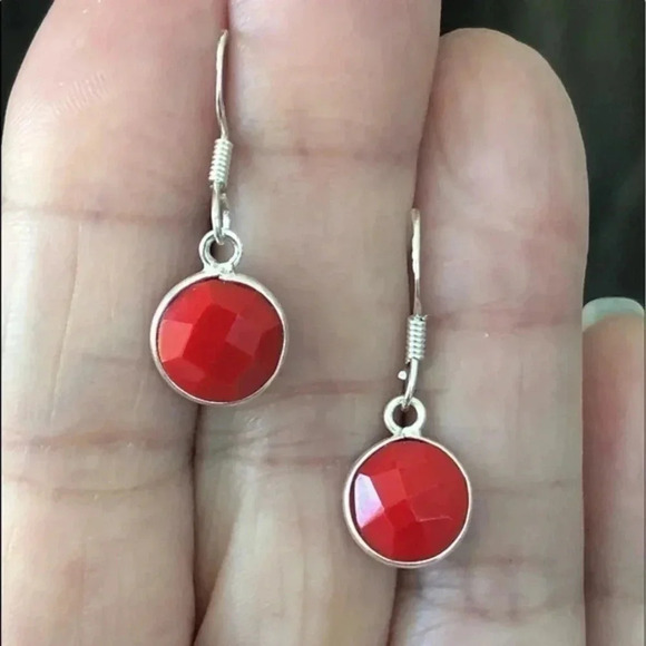 Red Carnelian Beveled Round Circle 925 Sterling Silver Handmade Earrings NWT - Picture 1 of 3